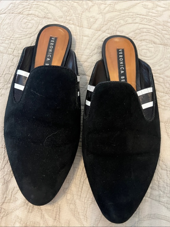Veronica Beard Shoes - Veronica Beard Black Suede Slip-On Mules with Silver Stripe Detail